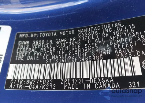 2015 Toyota Corolla S Plus from USA, damaged, VIN 2T1BURHEXFC465885